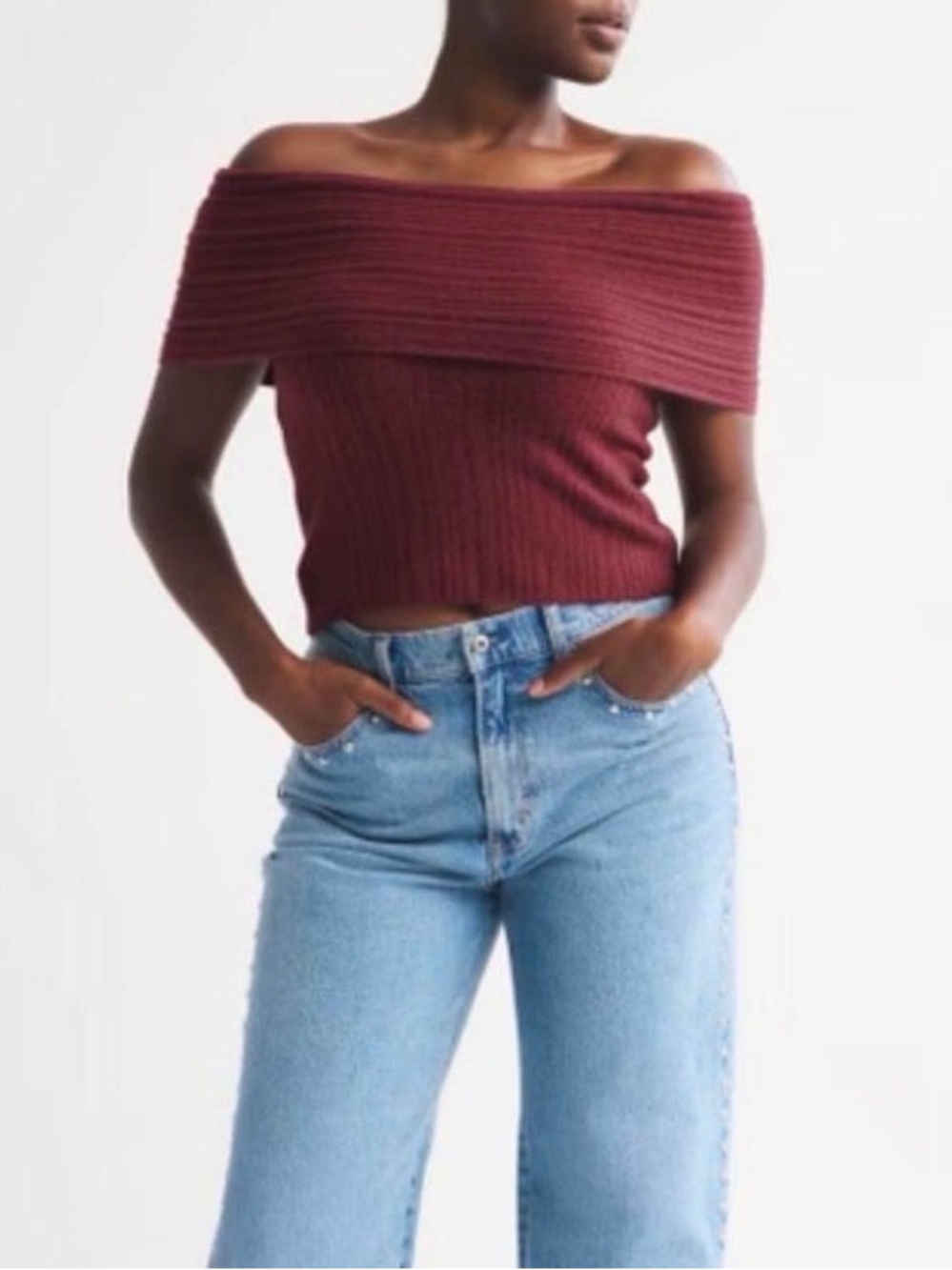 Abercrombie & Fitch Off-the-Shoulder Ribbed Crop Sweater - Burgundy